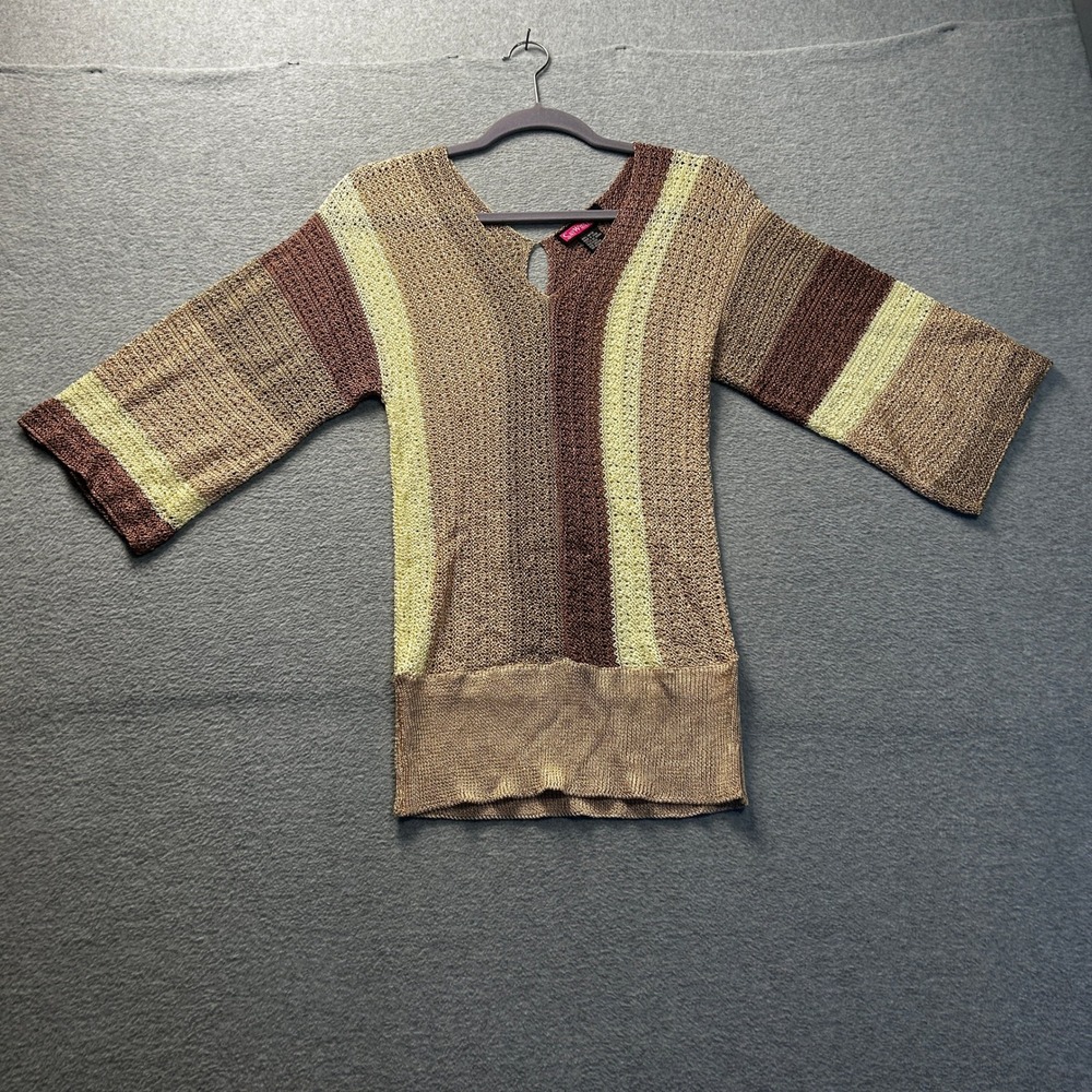 Say What Open Knit Sweater Womens Medium‎ Brown Stripe Bell Sleeve Boho Crochet